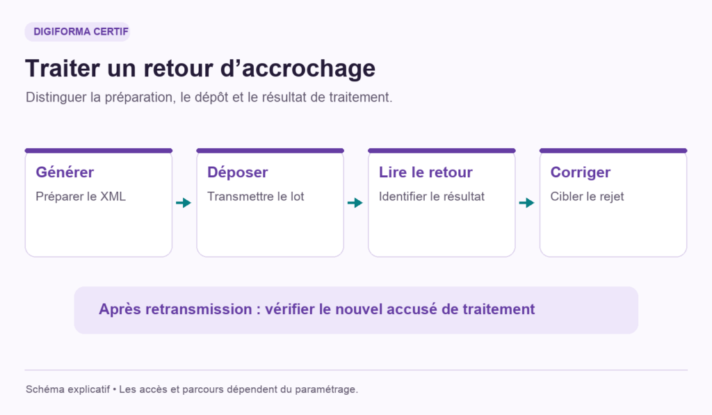 Générer le XML, déposer le lot, lire le retour et corriger, puis vérifier le nouvel accusé de traitement.
