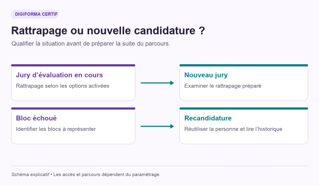 Deux situations : rattrapage d’un jury en cours et nouvelle candidature sur un bloc échoué.